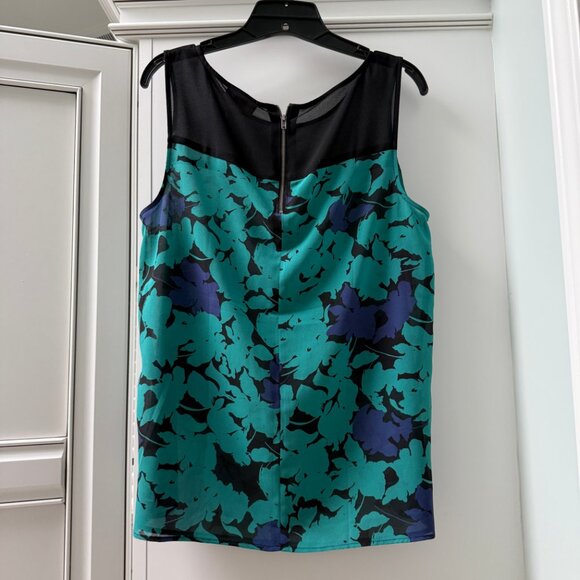 LOFT Sleeveless Sheer Panel Yoke Top Floral Blouse, Size M, Teal/Black/Purple - Picture 2 of 10